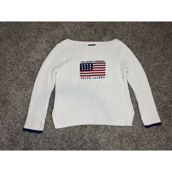 Vtg RALPH LAUREN Ribbed Sweater Knit Cream American Flag Thick Preppy M READ - Picture 1 of 7